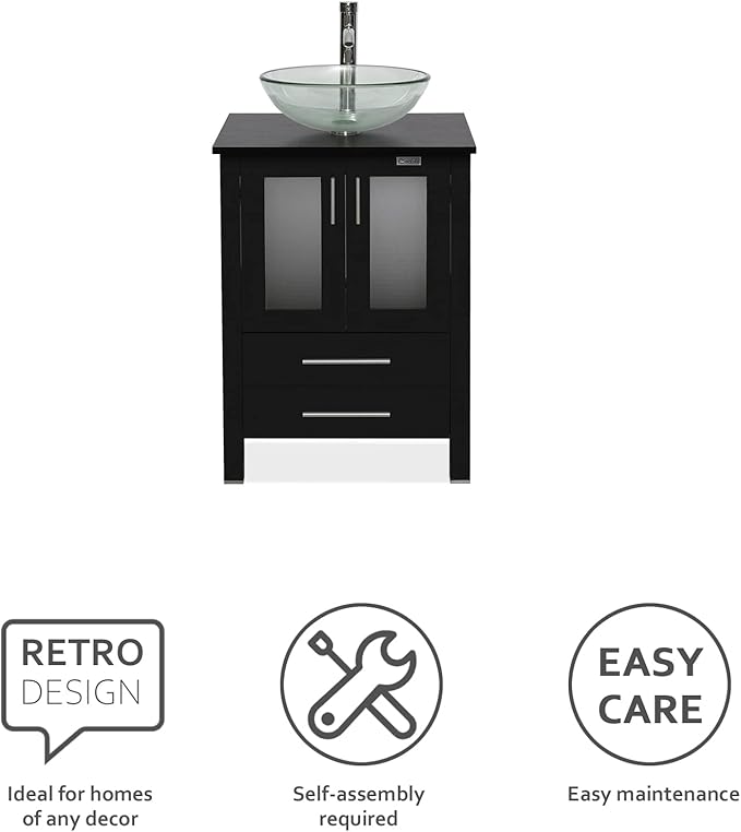 eclife 24" Modern Bathroom Vanity Sink Combo Freestanding Cabinet with Soft Closing Door, Clear Round Glass Vessel Sink, Water Save Faucet, Drain (Black+A16)