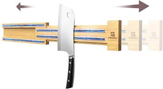 Extendable 32Inch Magnetic Knife Holder for Wall with Screw & Adhesive Mounting, Wood Magnetic Knife Strip from 16 to 32 Inch for Knife Bar, Knife Holder, Kitchen Utensil Organizer or Tool Room