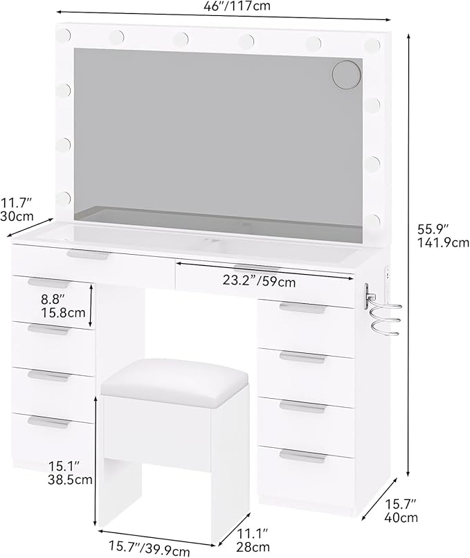 YITAHOME 46" Glass Top Vanity Desk with LED Mirror, 11 LED Bulbs, 3 Adjustable Lighting Modes, 10-Drawer Makeup Vanity with PU Storage Stool, Dressing Table Built-in USB & AC Outlets