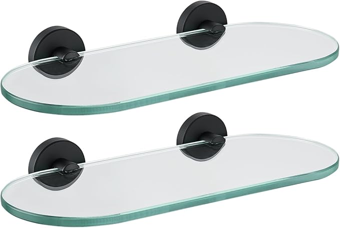 JQK Bathroom Glass Shelf Black, Tempered Glass Shower Storage 12 by 5 inches, 304 Stainless Steel Matte Black Wall Mount 2 Pack, TGS121L12-PB-P2