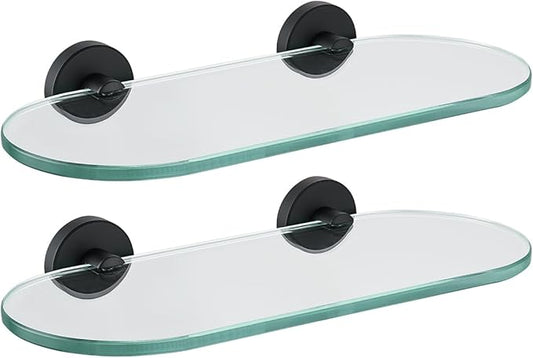 JQK Bathroom Glass Shelf Black, Tempered Glass Shower Storage 12 by 5 inches, 304 Stainless Steel Matte Black Wall Mount 2 Pack, TGS121L12-PB-P2