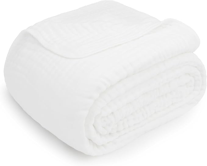 Comfy Cubs Muslin Throw Blanket - 50” x 60” Quilted Design - Lightweight, Breathable 6-Layer Gauze Fabric - Soft Cotton Blanket for Home or Travel - Packaged in Elegant Gift Box - White