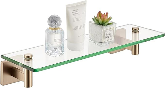 KOKOSIRI Wall Shelves Bathroom Hardware Glass Floating Shelf 16-Inch for Bedroom, Living Room, Kitchen, Hanging Rack Champagne Bronze B1105CPG-L16