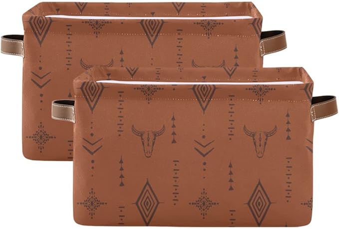 Western Bull Boho Rectangle Storage Basket Collapsible Storage Bin for Nursery Books Waterproof Baskets for Closet Shelves Bedroom Decor, 1 Pack