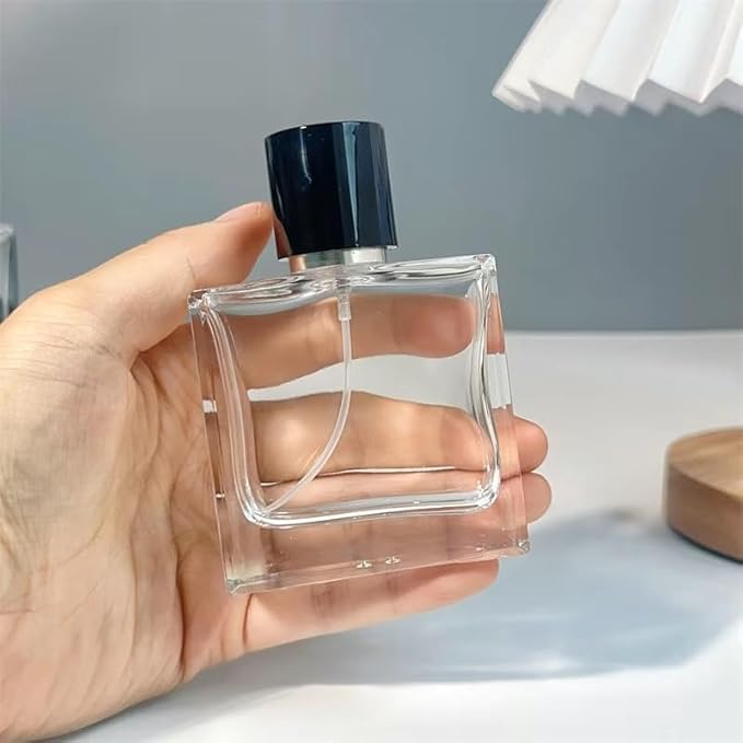 Empty Perfume Bottle Refillable 8PCS 50ml Glass Square Flat Clear Travel Spray Atomizer Container Perfume Fine Mist Spray Pump Bottles Dispenser for Essential Oil Liquid (Flat Square -8PCS)