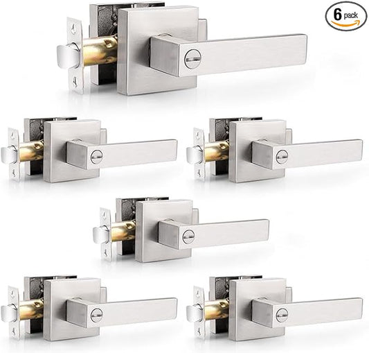 Probrico Satin Nickel Square Privacy Door Levers Lockset for Bedroom or Bathroom, Keyless Door Locks, 6 Pack