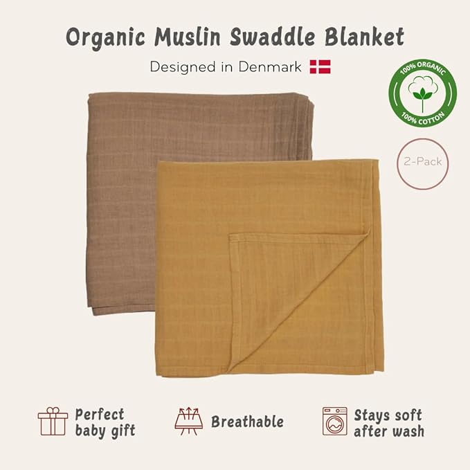 Baby Swaddle – Organic Cotton Muslin Baby Swaddles for Newborns 47” x 47” 2-Pack (Autumn Yellow/Natural)