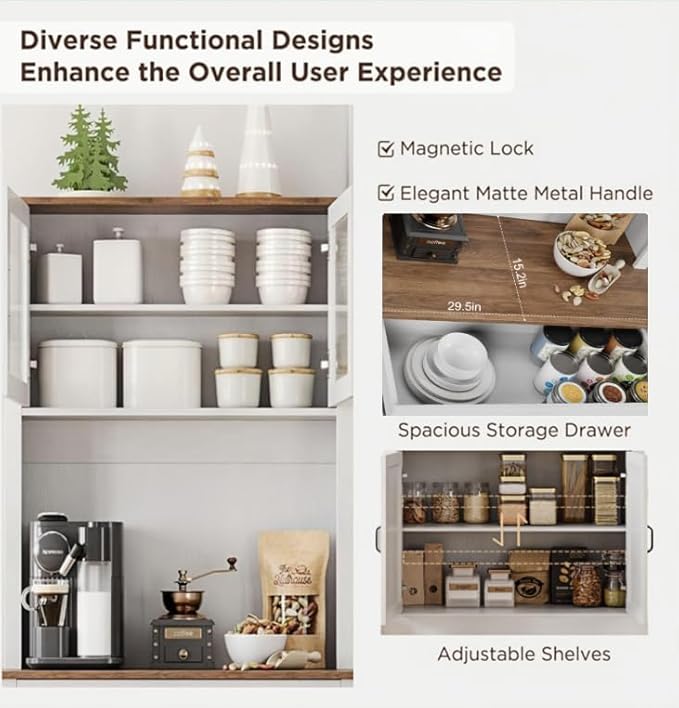 IDEALHOUSE Kitchen Pantry Cabinet with Microwave Stand, 71”Freestanding Tall Kitchen Cabinet with Doors and Shelves for Dining Room, White