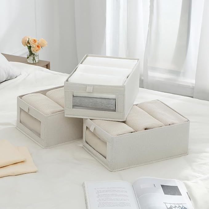 Coloch 6 Pack Linen Storage Bins with Clear Window, Collapsible Closet Storage Box Fabric Clothing Organizer Stackable Organizer Basket for Folded Clothes, Jeans, Toy, Book, Shelves, Closet, Beige