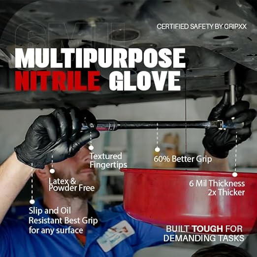Heavy Duty 6 Mil Black Nitrile Gloves - Disposable, Latex & Powder Free | Mechanic, Food Prep & Tattoo | Rubber Gloves for Cooking, Cleaning & Household | Pack of (100)