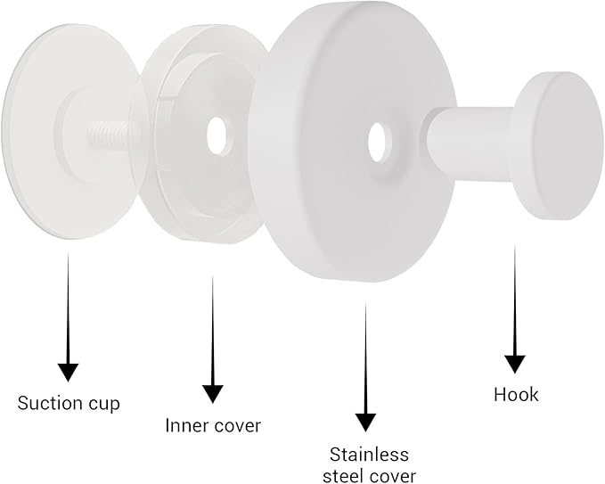 Suction Cup Hooks for Shower - 4 Pack, White - Stainless Steel, Strong Suction, No Drill, Removable Hanger, Tile Bathroom Kitchen Wall, Glass Door, Mirror Hook Hanging Robe, Towel Holder