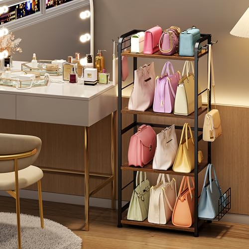 koozuuyk 4-Tier Purse Organizer for Closet with 3 Side Hooks and 2 Baskets, High Capacity Purse Rack Stand for Purse Storage, Metal & Wood Handbag Holder for Handbag Organizer, Pat - Image 8