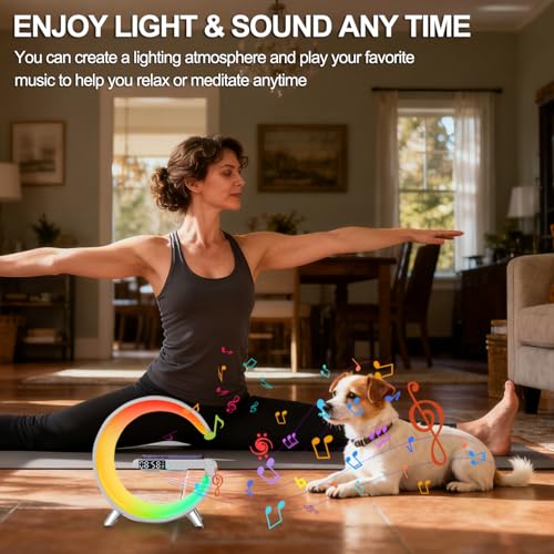Smart LED Table Lamp, 4-in-1 Wireless Charger, Night Light, Alarm Clock, Bluetooth Speaker with App Control, Bedside Lamp with Charging Station for Bedroom, Office, Home Decor, Tee - Image 3