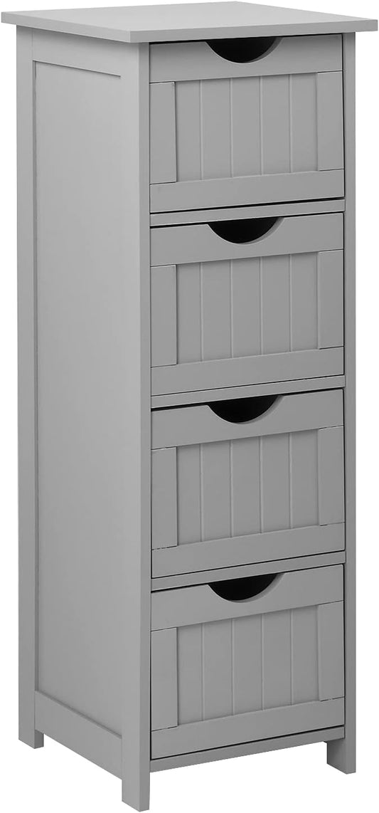 Bonnlo Skinny Bathroom Floor Storage Cabinet, 12 Inch Wide Deep Small Storage Organizer with 4 Drawers, Wooden Modern Grey Thin Free Standing Tower Cabinet w/ 4 Cute Drawers for Bathroom, Living Room