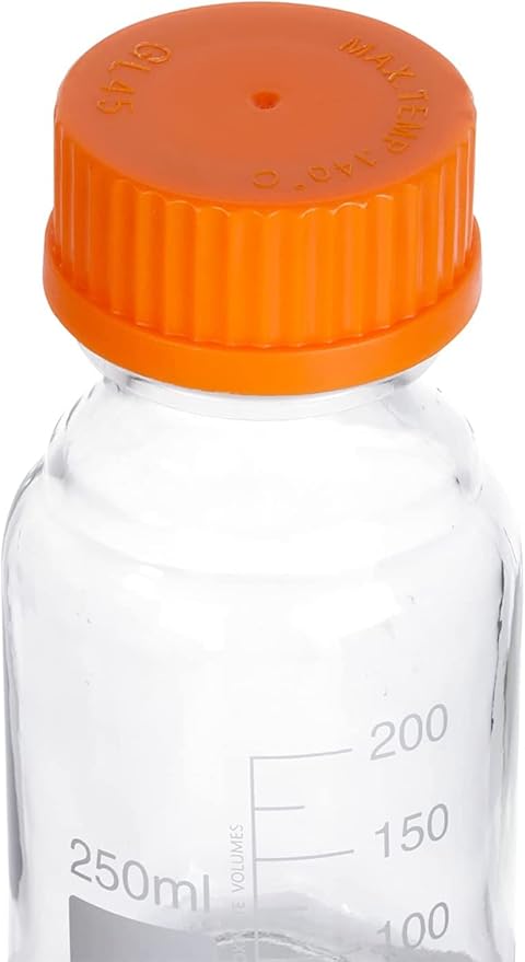 Lab Media Storage Round Bottles Graduated Glass Container GL45 Screw Cap Leakproof Multi-Purpose for Scientific — pack of 10 (Orange,250ml)