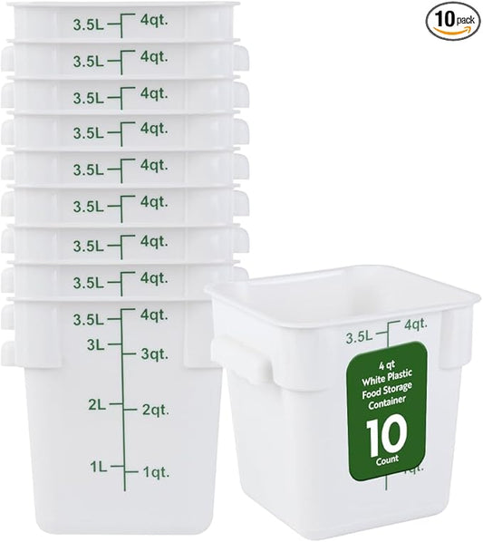 Restaurantware Food Storage Container 10 Pack of 4 qt Plastic Kitchen Storage Bin with Volume Markers Space-Efficient Design Dishwasher-Safe Polypropylene White