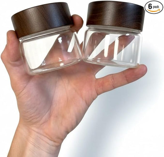 Wide Mouth Glass Storage Jars With 2.5" Acacia Wood Lids - 6 Pack of 4 Oz Food Storage Containers - Borosilicate Glass Canisters Sets For Kitchen - Pantry Organizers and Storage for Rice Coffee Beans