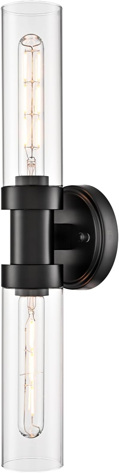 Farmhouse Black Wall Sconce 2-Light Cylinder Bathroom Vanity Lights with Clear Glass Shade 20-Inch Modern Matte Black Glass Sconces Wall Lighting for Bedroom Hallway Staircase