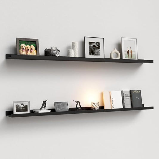 55.1 Inches Long Floating Shelves, 2 Set Modern Wall Shelf for Bedroom, Nursery Book Shelf with Lip, Picture Ledge Shelf for Wall Decor Living Room Bathroom Kitchen - Black