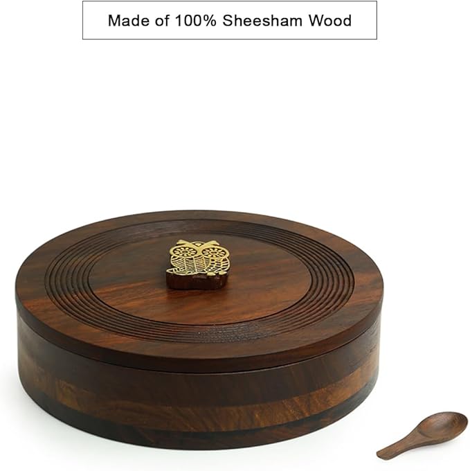 ExclusiveLane 'Mystic Owl Block' Sheesham Wood Indian Spice Box with Spoon (7 Partitions, Each Partition : 2.8 oz) | Masala Dabba Box Spice Storage Container Rack Wooden Spice Box for Gift