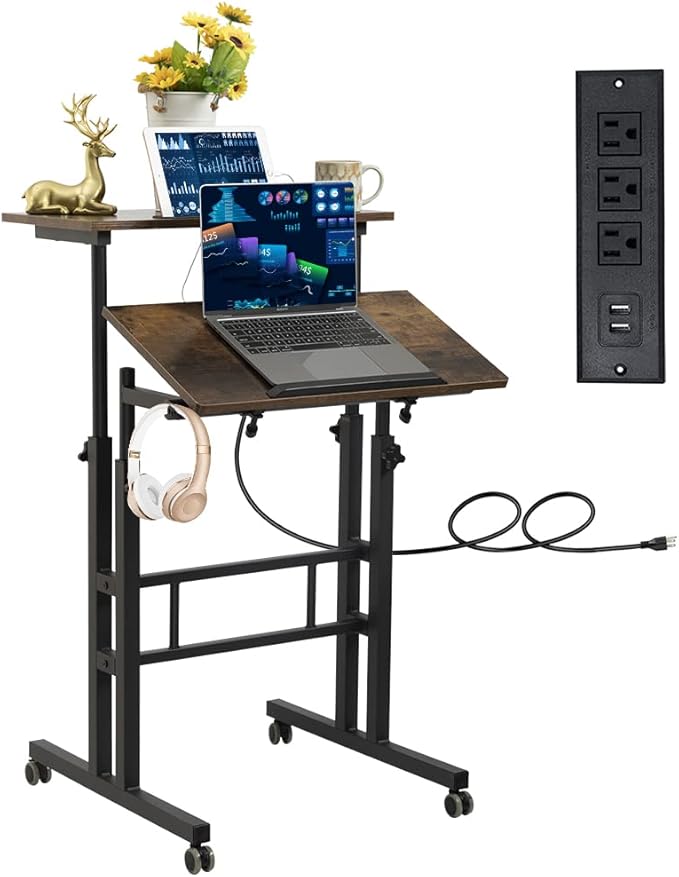Hadulcet Mobile Standing Desk with Wheels, Rolling Desk Adjustable Height, Portable Laptop Table with Charging Station, Sit Stand up for Home Office, Study, Classroom, Rustic Brown