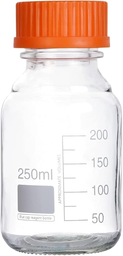 Lab Media Storage Round Bottles Graduated Glass Container GL45 Screw Cap Leakproof Multi-Purpose for Scientific — pack of 10 (Orange,250ml)
