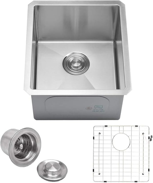 VADANIA 16-Inch Bar Prep Sink, 16"x18"x10", Single Bowl, Undermount, 18 Gauge T304 Stainless Steel, Satin Finish, with Strainer & Bottom Grid, cUPC listed