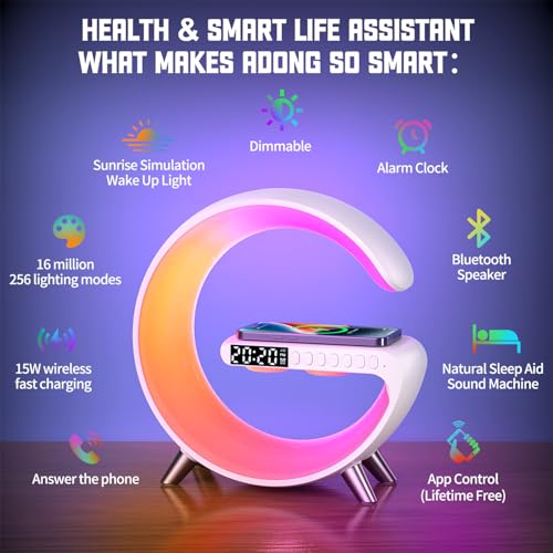 Smart LED Table Lamp, 4-in-1 Wireless Charger, Night Light, Alarm Clock, Bluetooth Speaker with App Control, Bedside Lamp with Charging Station for Bedroom, Office, Home Decor, Tee - Image 5