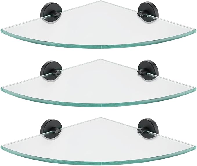 JQK Corner Glass Shelf Black, Bathroom 304 Stainless Steel Shower Triangle Floating Wall Shelf, 10 x 10 Tempered Glass, 3 Pack, TGS190L10-PB-P3