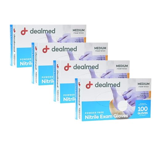 Dealmed Nitrile Exam Gloves – 100 Count Medium (Pack of 4) Disposable, Non-Irritating, Latex Free, Multi-Purpose for First Aid Kit, Medical Facilities & More