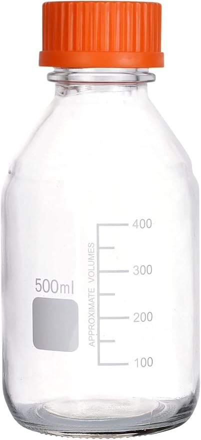 Lab Media Storage Round Bottles Graduated Glass Container GL45 Screw Cap Leakproof Multi-Purpose for Scientific — pack of 8 (Orange,500ml)
