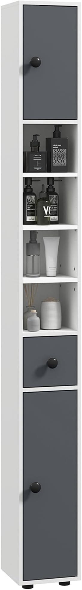 kleankin Narrow Tall Bathroom Storage Cabinet, 71" Slim Freestanding Bathroom Cabinet with Drawer, Open Shelves, 2 Doors and Adjustable Shelves for Small Spaces, Gray