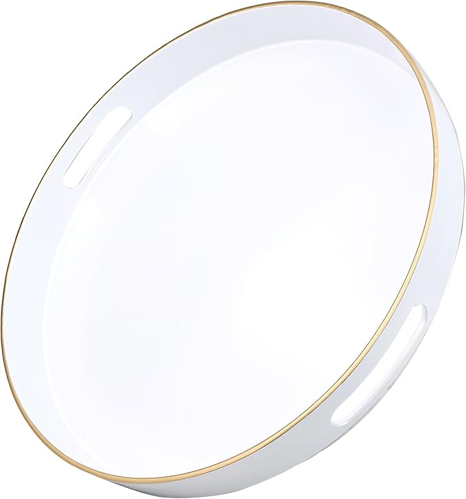 White Round Decorative Tray 13" - Versatile Serving Tray with Handles