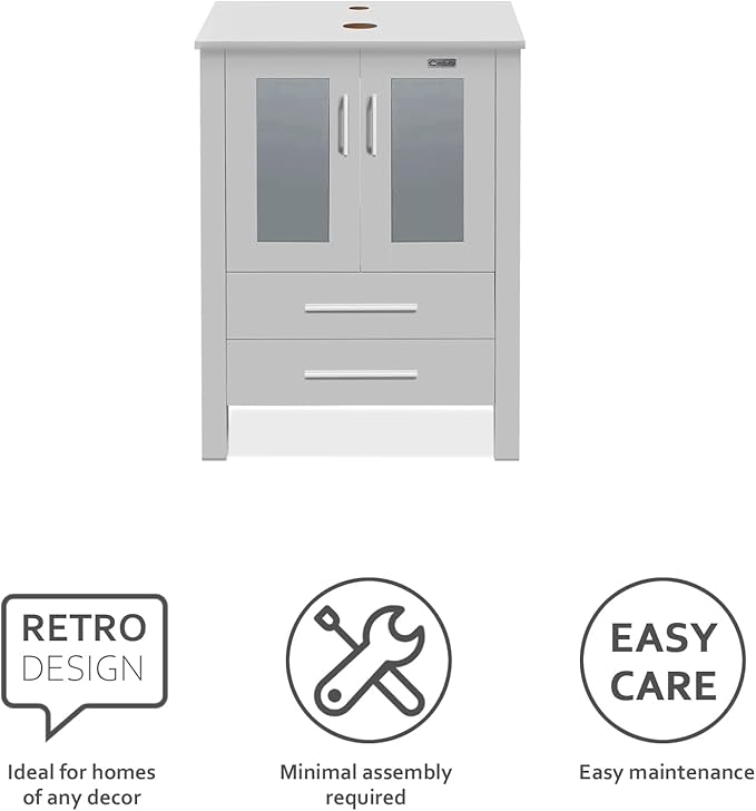 eclife 24" Modern Bathroom Vanity Sink Combo Freestanding Cabinet with Soft Closing Door, Without Vessel Sink, Faucet, Drain (Gray Vanity Only)