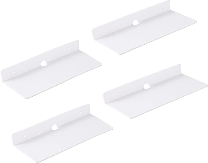 IEEK 9 Inch Acrylic Floating Shelves Set of 4,Small Wall Display Shelf for Bluetooth Speakers/Security Cameras/Nintendo Switch/Action Figures,Damage-Free Wall Shelves Stick-On Shelf,White