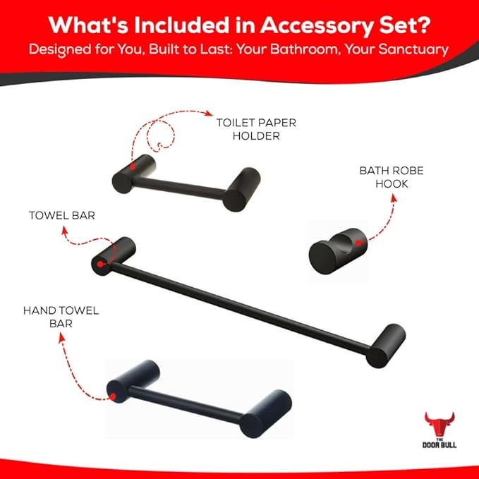 Contemporary Design 4-Piece Bathroom Hardware Accessory Set, Bathset 24 Inch Towel Bar, Hand Towel Bar, Toilet Paper Holder and Robe Hook, Rack Set Wall Mounted (Matte Black, 4 Piece Set)