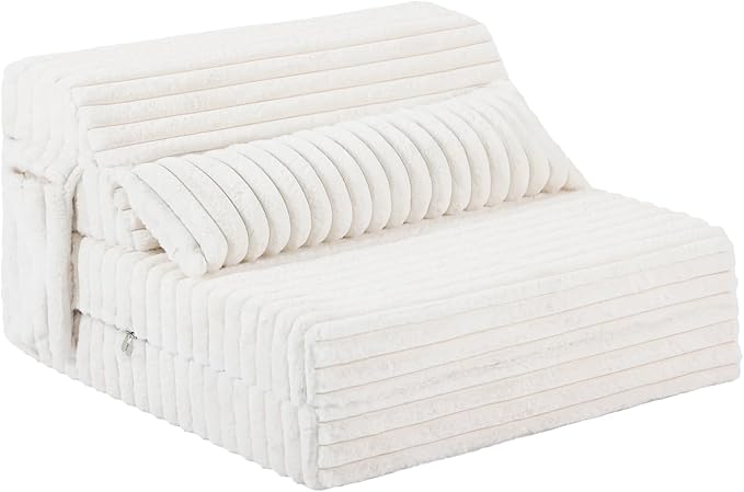 Tiita Folding Sofa Bed Twin Size, Convertible Sleeper Chair Mattress with Pillow, Thick Corduroy Floor Mattress Couch Bed with Side Pocket, Guest Room, Dorm, Apartment, Beige