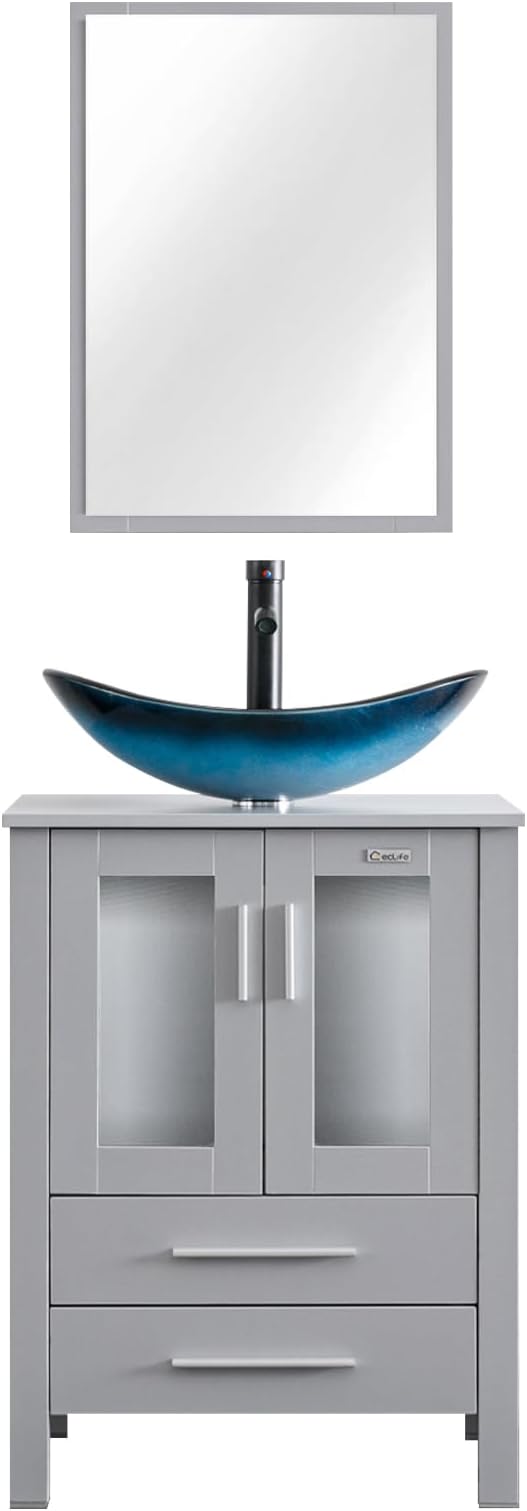 eclife 24" Modern Bathroom Vanity Sink Combo Freestanding Cabinet with Soft Closing Door, Blue Boat Glass Vessel Sink, Water Save Faucet, Drain (Gray+A29BU)