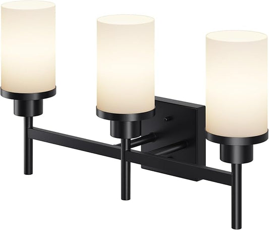 Bathrom Light Fixtures Matte Black 3 Lights Over Mirror, Wall Sconces Lighting with White Frosted Glass Shade for Toilet Washroom Bath T001MB-L3