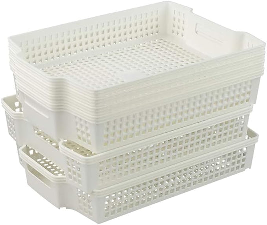 6-Pack Stacking Plastic Storage Baskets, White Paper Storage Basket Tray
