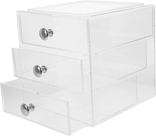 3-layer Acrylic Storage Box Desktop Organizer Makeup Organizer Cosmetic Display Space-saving Sturdy Silver Handle