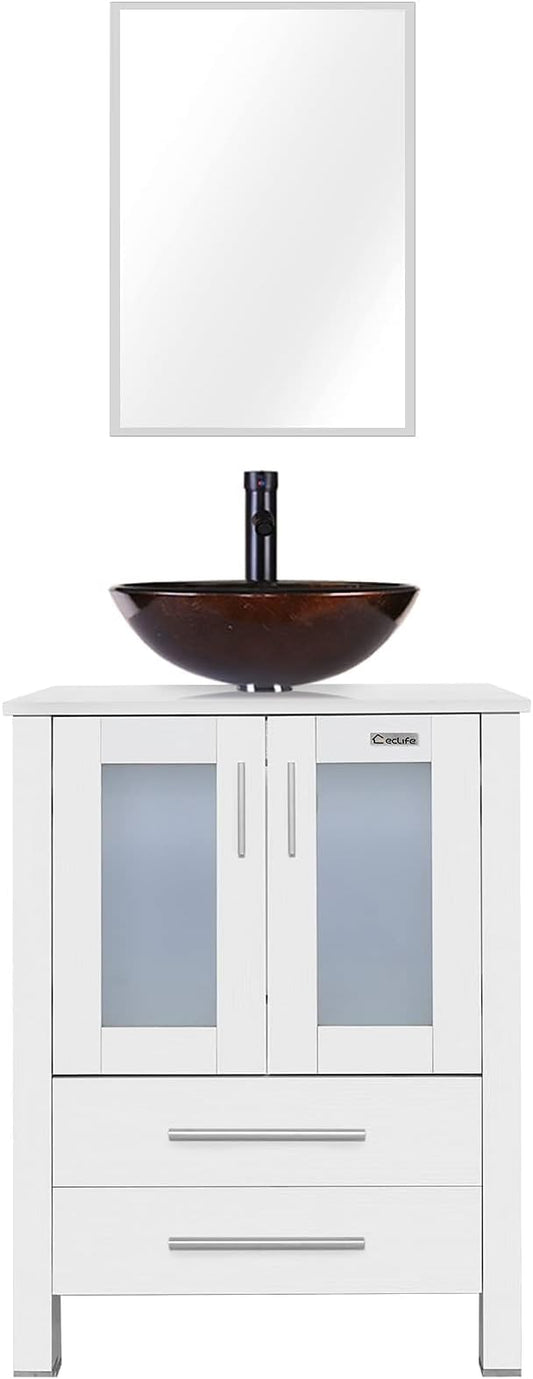 eclife 24" Modern Bathroom Vanity Sink Combo Freestanding Cabinet with Soft Closing Door, Brown Round Glass Vessel Sink, Water Save Faucet, Drain (White+A09)