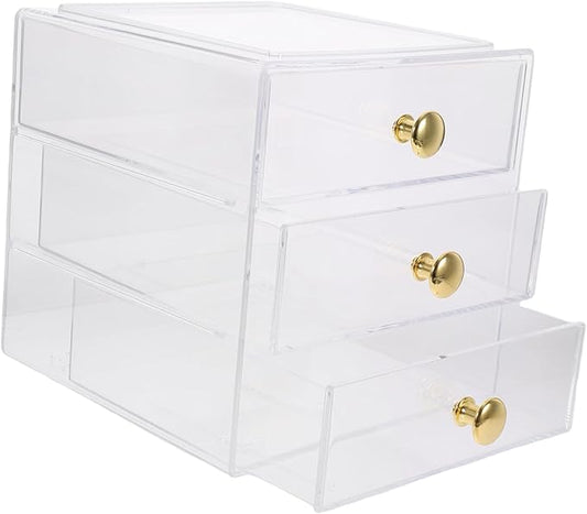 3-Layer Stackable Drawer Organizer Storage Box Gold Handles Acrylic Makeup and Jewelry Display Case for Desktop Bathroom and Vanity