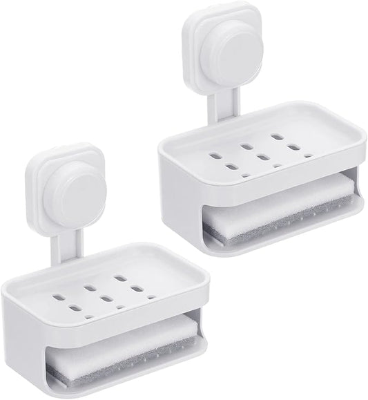 uxcell 2Pcs Suction Cup Soap Dish, Removable and Reusable Wall Mounted Double Bar Soap Holder for Shower No-Drilling Sponge Holder for Bathroom Kitchen, White