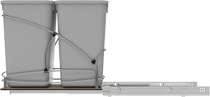 Rev-A-Shelf Steel Bottom Mount Double 27 Quart 6.75 Gallon Waste Bin Trash Container for Under Kitchen Cabinet with Soft Close, Gray, 54WC-1527SC-17-1