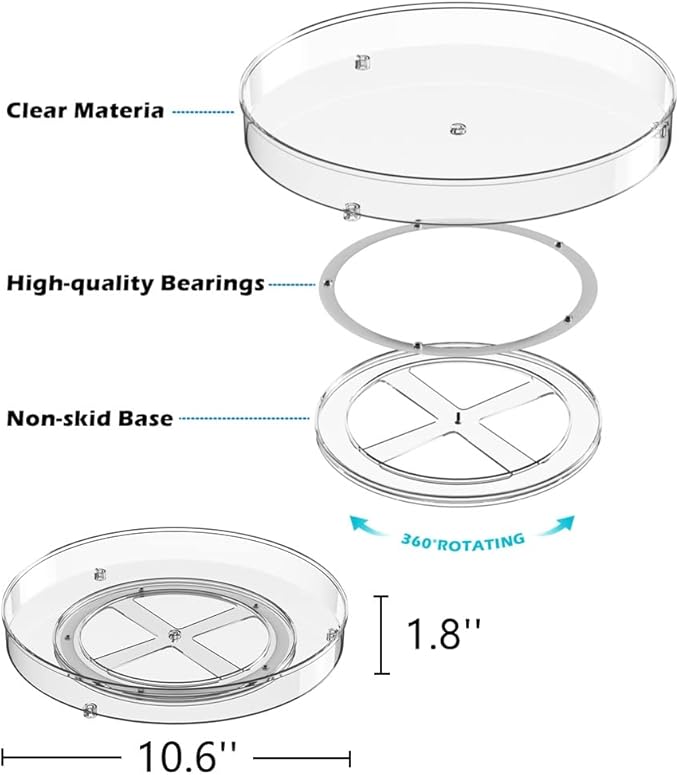 Slideep Lazy Susan Spice Rack, Round Plastic Clear Rotating Turntable Organization, Spinning Organizer Spices Condiments Container Bins for Kitchen, Cabinet, Pantry, Fridge, 10.6" Clear - 3 Pack