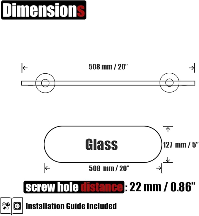 JQK Bathroom Glass Shelf Chrome, Tempered Glass Shower Storage 20 by 5 inches, 304 Stainless Steel Polished Chrome Wall Mount, TGS121L20-CH