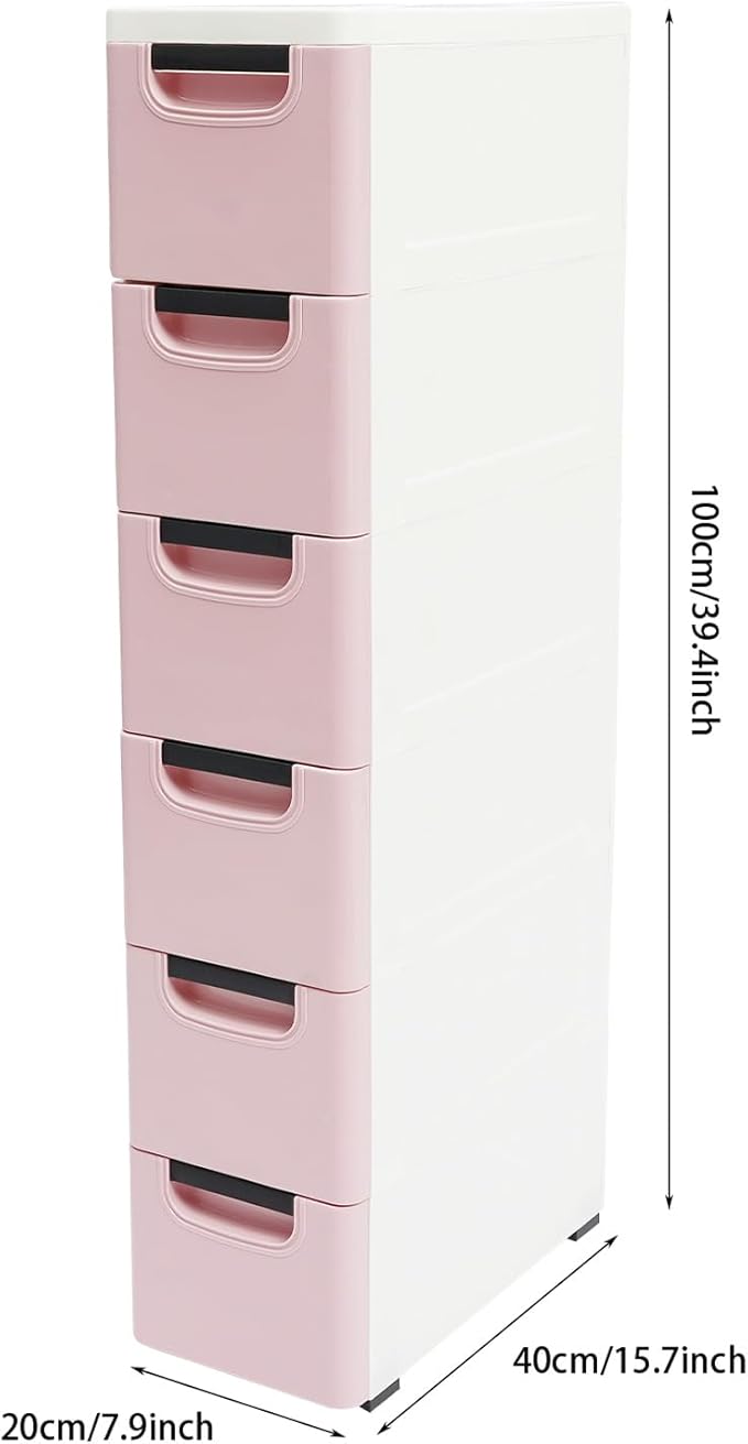 6 Drawers Narrow Slim Plastic Storage Cabinet,Storage Drawer with Wheels,6 Tier Drawers Dresser,Rolling Narrow Cabinet for Small Spaces Bathroom Kitchen Bedroom Living Room,Pink