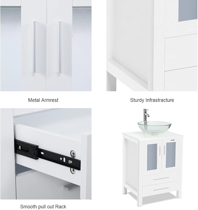 eclife 24" Modern Bathroom Vanity Sink Combo Freestanding Cabinet with Soft Closing Door, Clear Round Glass Vessel Sink, Water Save Faucet, Drain (White+A16)