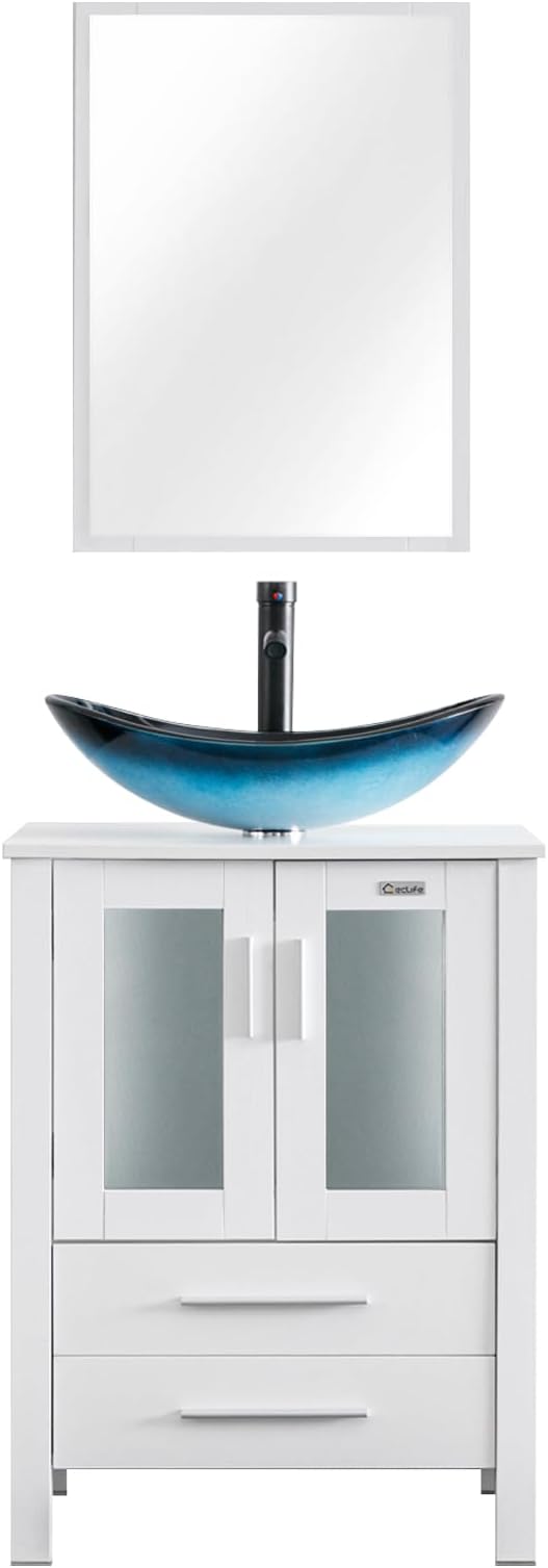 eclife 24" Modern Bathroom Vanity Sink Combo Freestanding Cabinet with Soft Closing Door, Blue Boat Glass Vessel Sink, Water Save Faucet, Drain (White+A29BU)